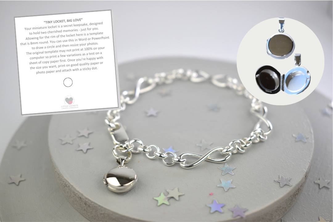 Silver infinity bracelet with secret tiny photo locket