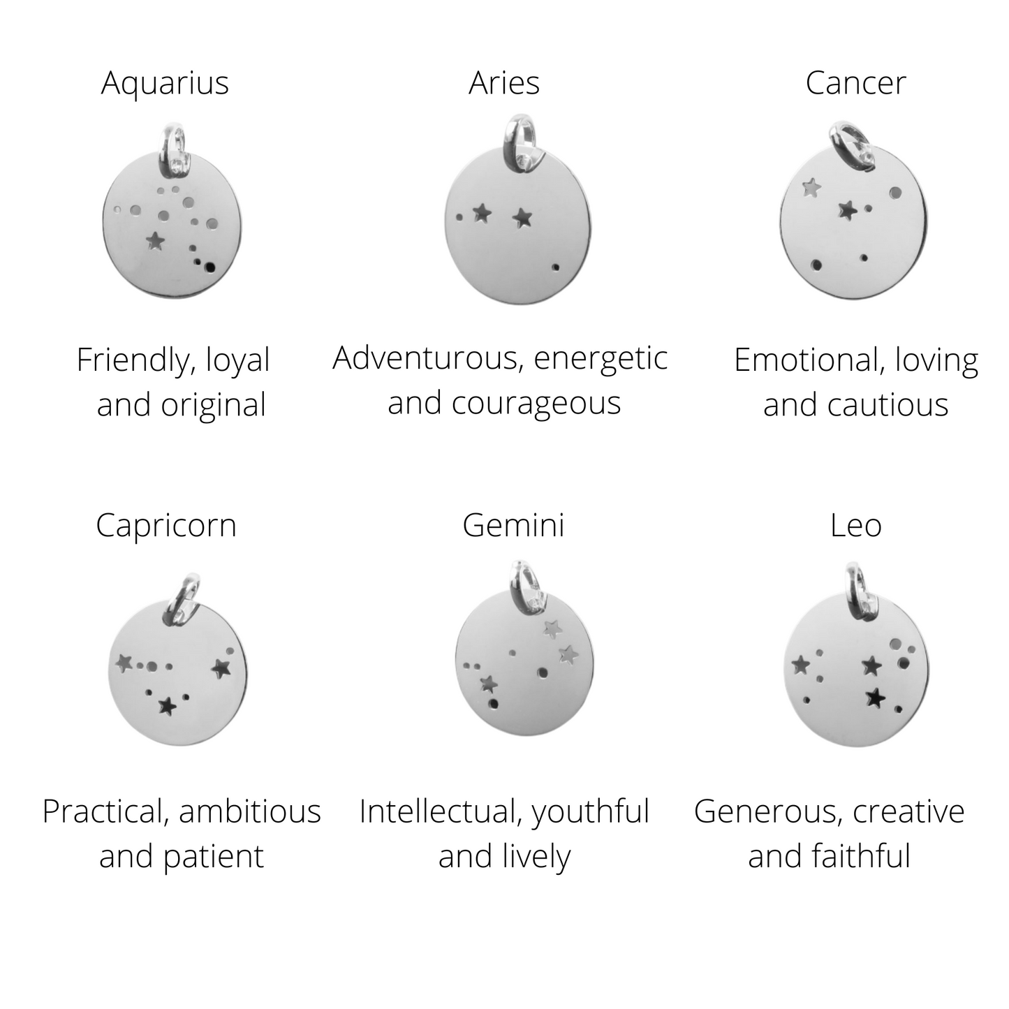 Illustration of six birth constellations giving their pattern and characteristics - Aquarius, Aries, Cancer, Capricorn, Gemini, Leo