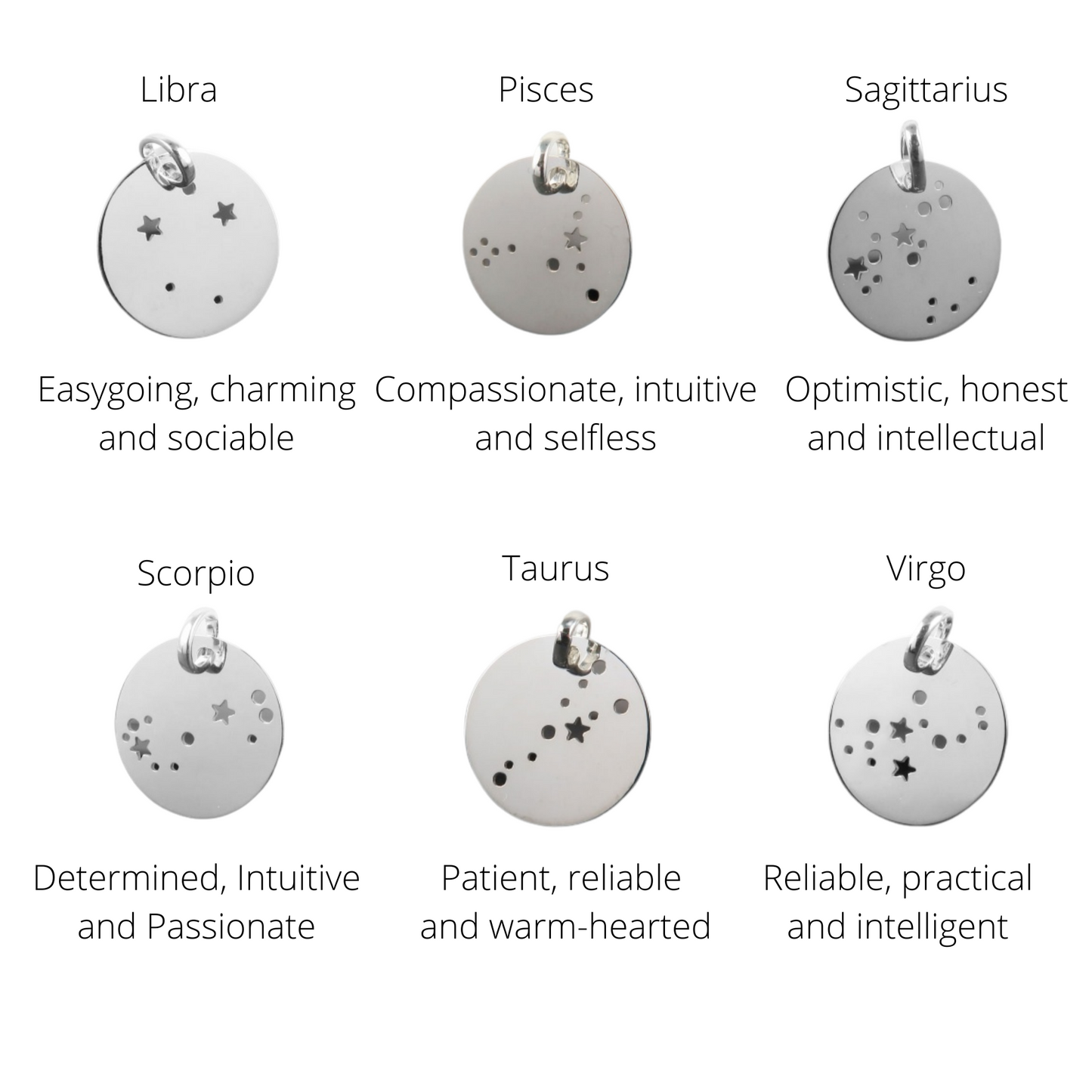 LIllustration showing six birth constellation patters and their characteristics - Libra, Pisces, Sagittarius, Scorpio, Taurus, Virgo
