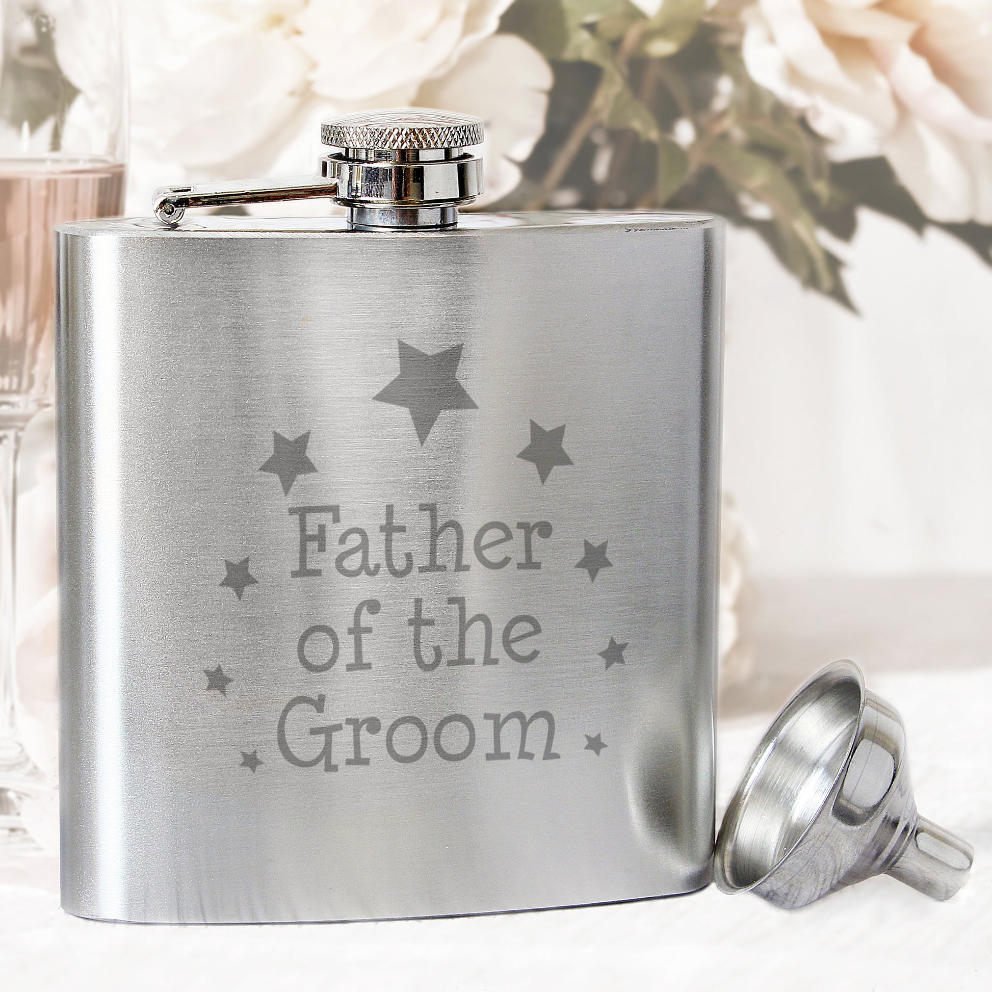 Father of the Froom personalised hip flask with star pattern. Comes with its own funnel for ease of filling. Personalise with your own message.