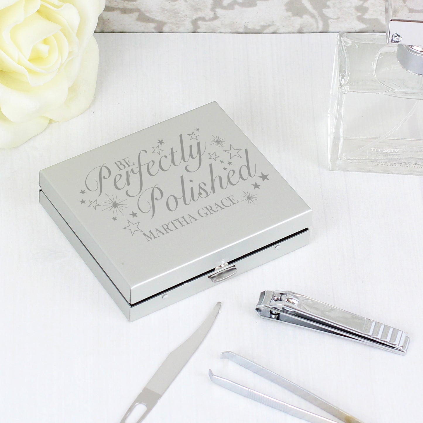 Personalised manicure set with the words Be Perfectly Polished and add name. Engraved with stars