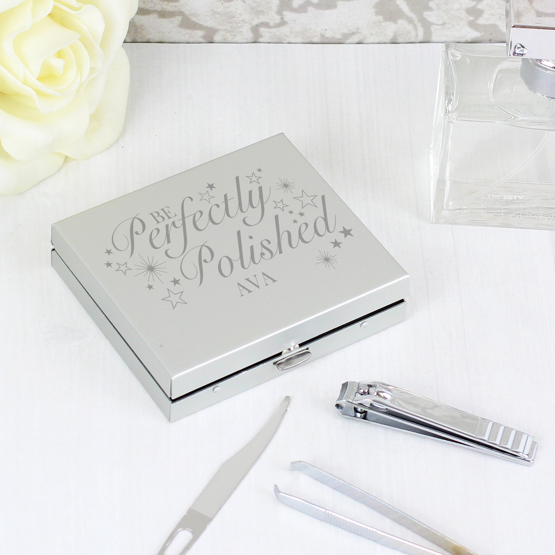 Personalised manicure set with the words Be Perfectly Polished and add name. Engraved with stars