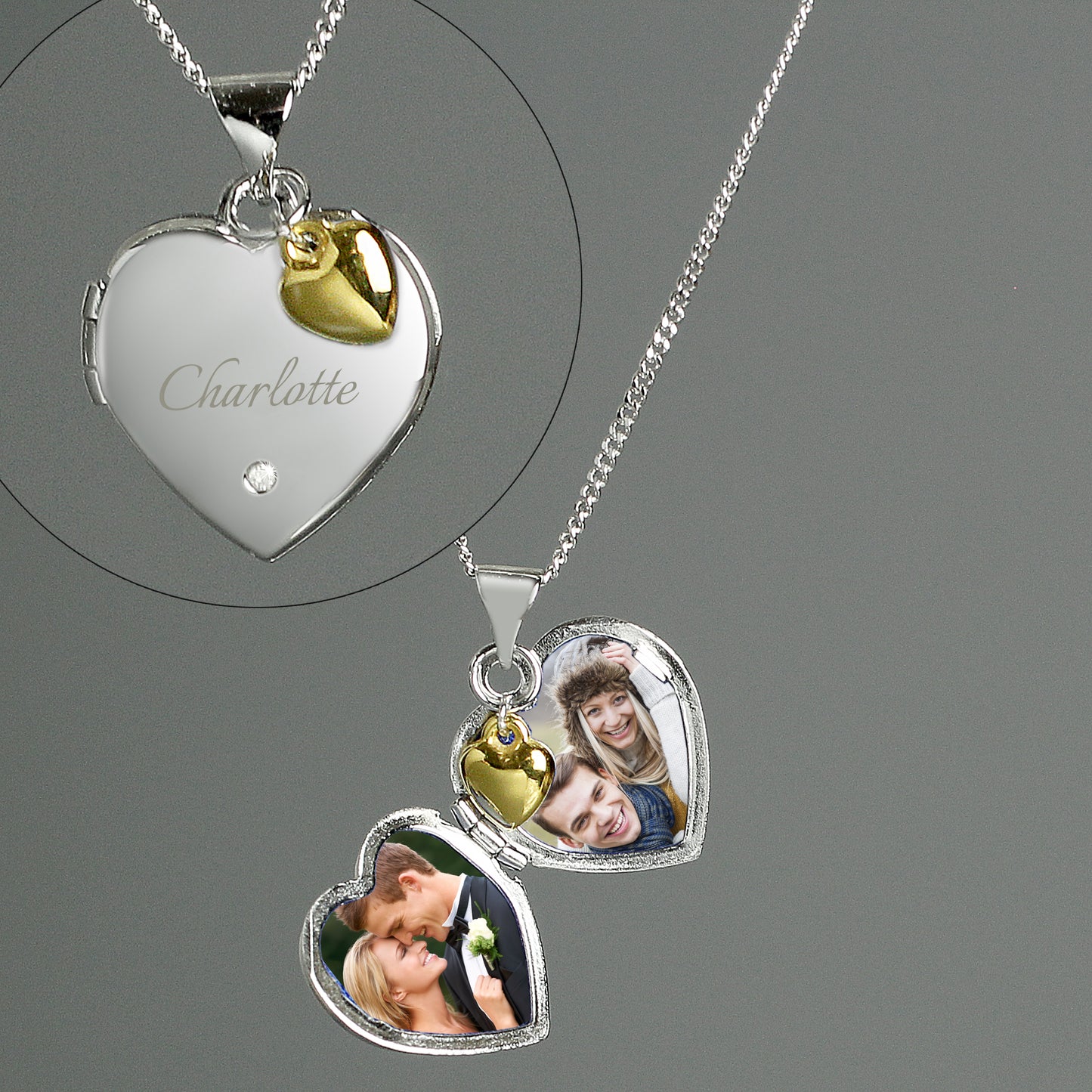 heart shaped locket with a tiny diamante on the front and engraved with a name of your choice in script font. The locket carries a tiny gold plated  heart. The locket can take up to two photos. Sterling silver chain.