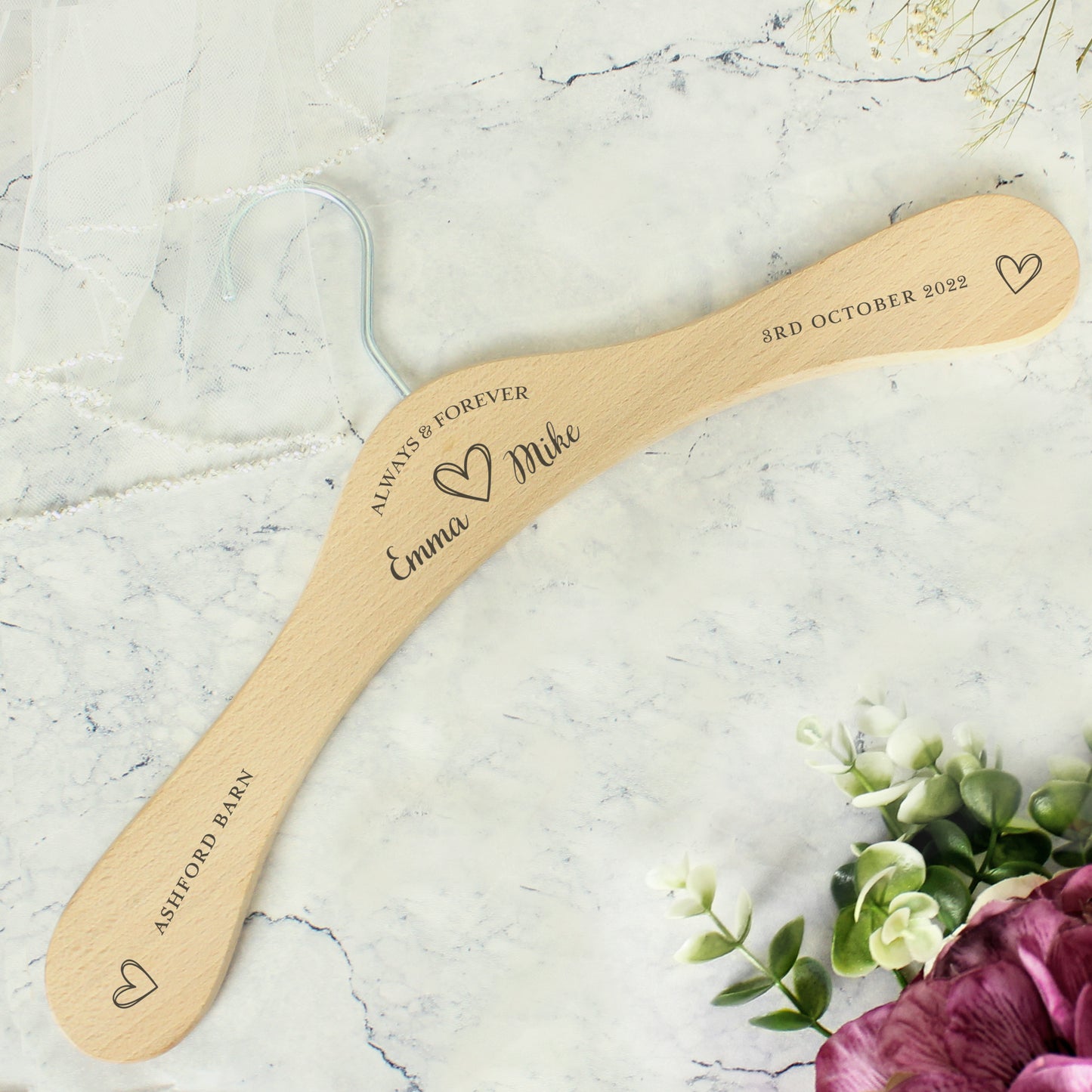 personalised wooden wedding hanger with Bride & Groom's names under the words "Always and Forever" and with a pretty sketched heart between the names. Room for further personalisation on each arm of the hanger.