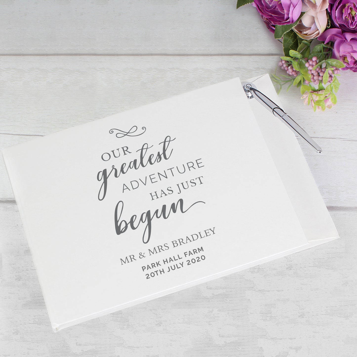 Our Greatest Adventure has just Begun, personalised wedding guest book
