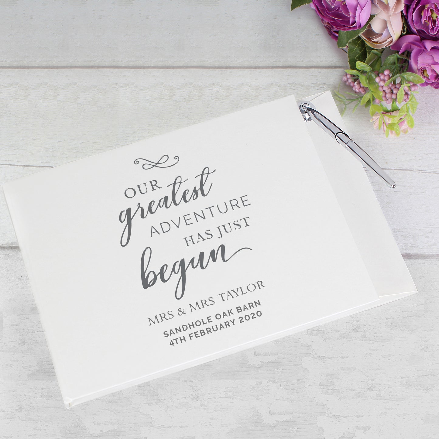 personalised wedding guest book with pen