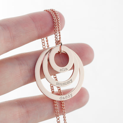 Three ring necklace shown in rose gold finish, each graduating-sized ring bears an engraved name of your choice,