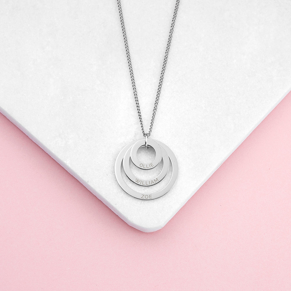 Three ring necklace shown in silver finish, each graduating-sized ring bears an engraved name of your choice,