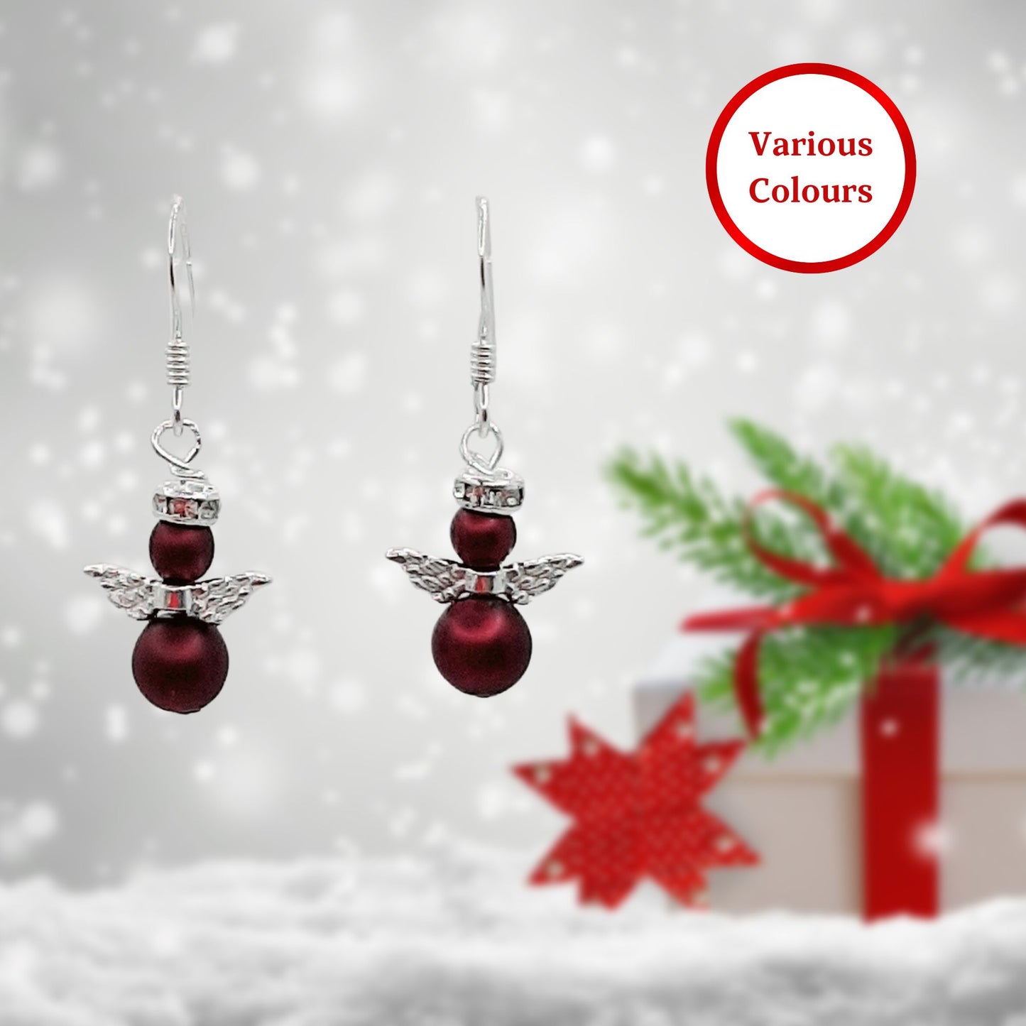 snow angel earrings in bordeaux pearl with sterling silver wires