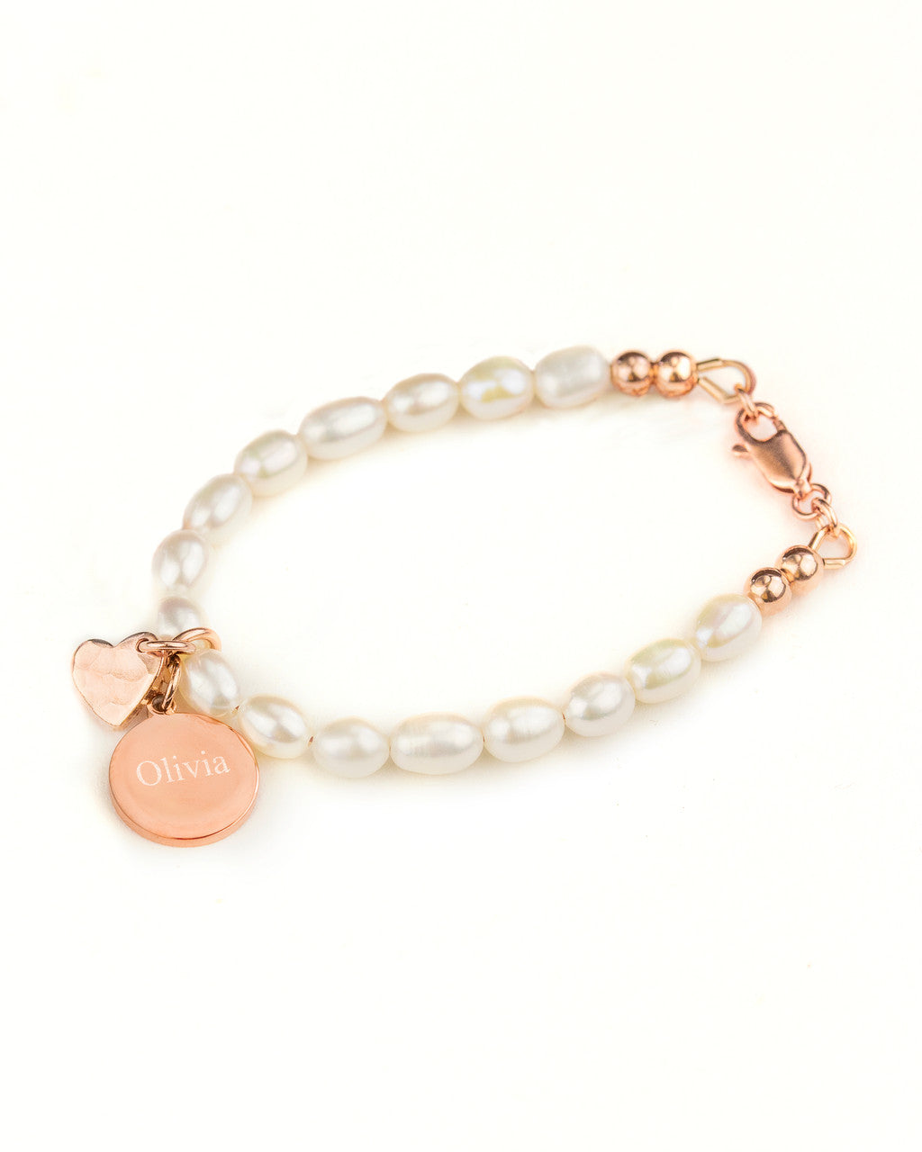 Freshwater pearl and rose gold bracelet with hammered rose gold plated hear and engraved name, ideal for baby's christening or naming ceremony