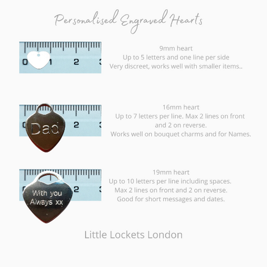 Illustration showing personalised engraved heart options for sterling silver hearts of 9mm, 16mm, and 19mm