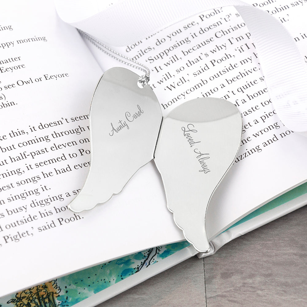 chrome angel wing christmas tree decoration etched with message of your choice