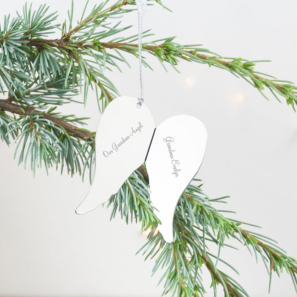 chrome angel wing christmas tree decoration etched with message of your choice