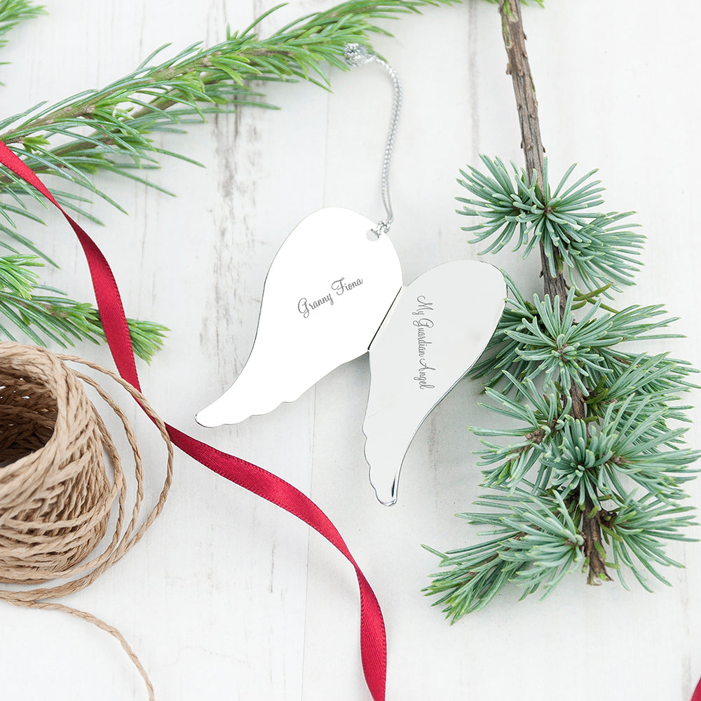 chrome angel wing christmas tree decoration etched with message of your choice