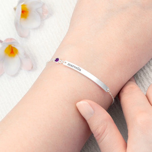 silver finish bracelet with birthstone engraved with recipient's name