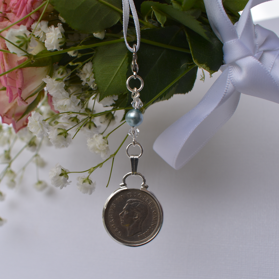 sixpence bouquet charm a something blue bead