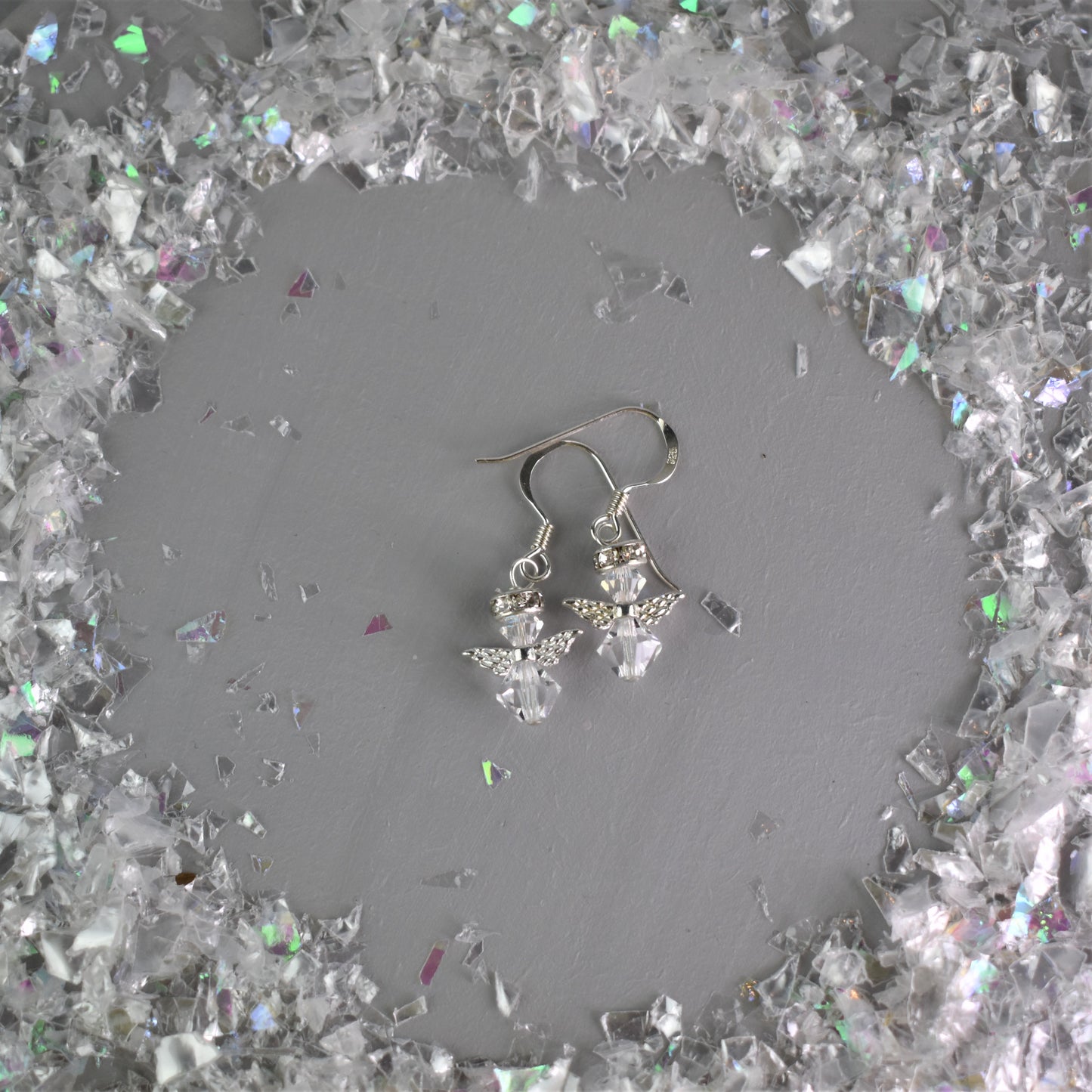 snow angel earrings in clear crystal with sterling silver wires