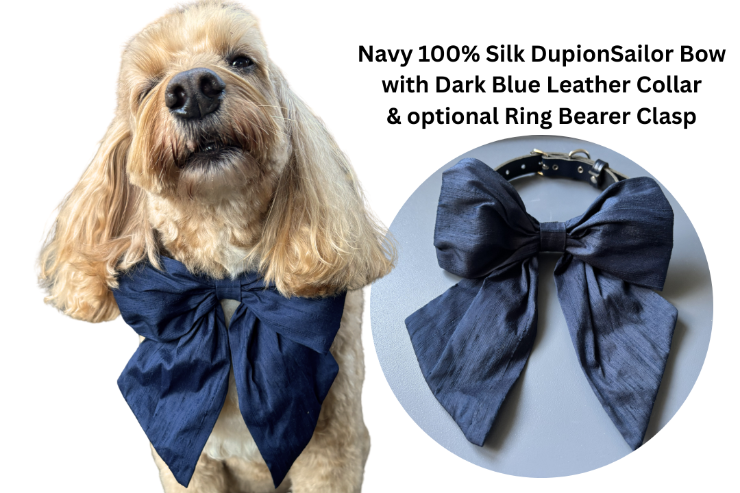Dog wearing a 100% silk dupion navy sailor bow tie with an inset showing the bow tie details.