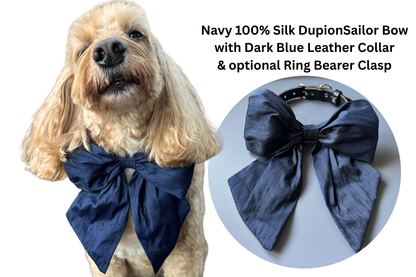 Dog wearing a 100% silk dupion navy sailor bow tie with an inset showing the bow tie details.