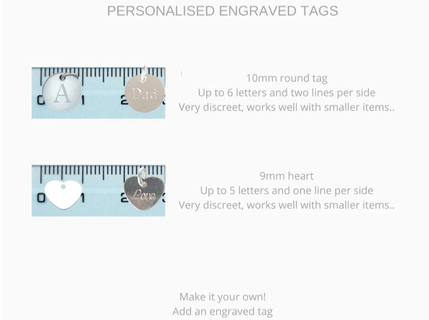 Personalised Engraved Tag chart. Choose round or heart-shaped sterling silver tag