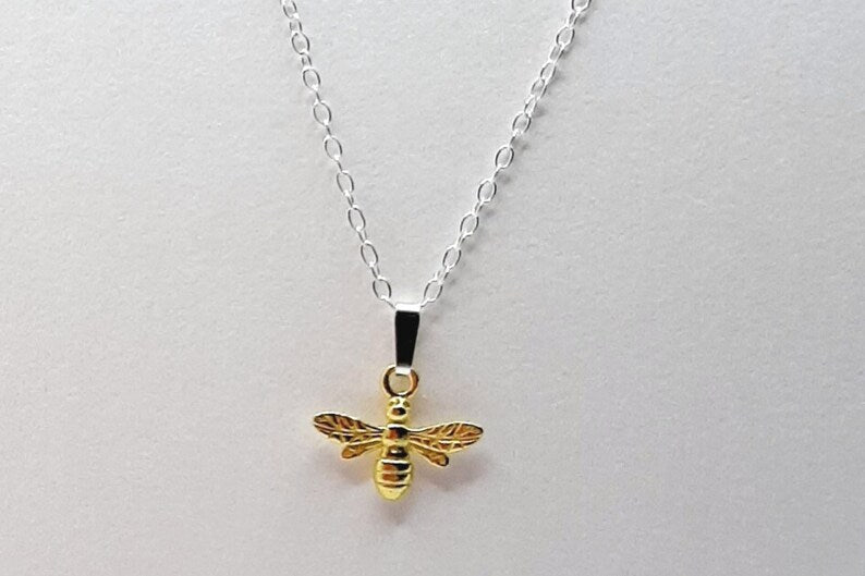 Gold Vermeil on sterling silver bee hangs from an adjustable 16-18 sterling silver chain. Bee also available in plain sterling silver and rose gold vermeil.