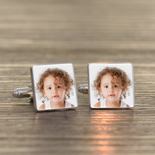 Double photo cufflinks in high quality silver finish, upload a different photo for each cufflink or keep them as a pair.
