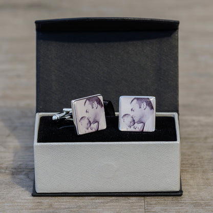 Double photo cufflinks in high quality silver finish, upload a different photo for each cufflink or keep them as a pair. Shown with black and white image and in presentation gift box 