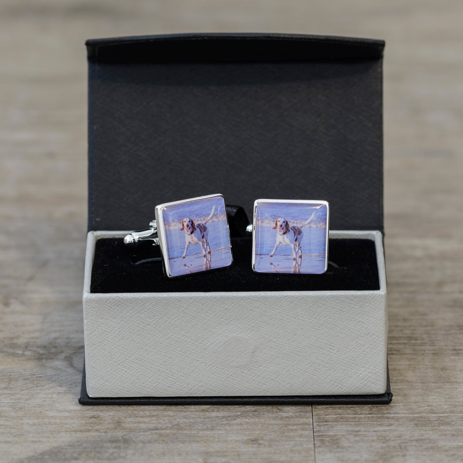 Double photo cufflinks in high quality silver finish, upload a different photo for each cufflink or keep them as a pair. Shown in presentation gift box.