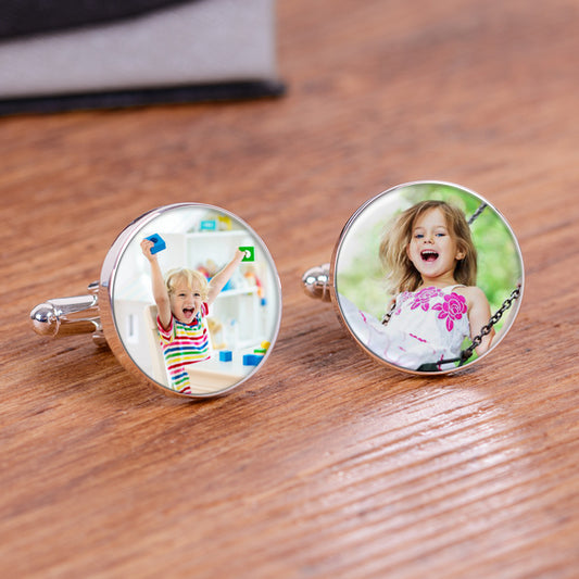 Round photo cufflinks. Add one or two of your photos. High quality silver finish, presented in gift box 