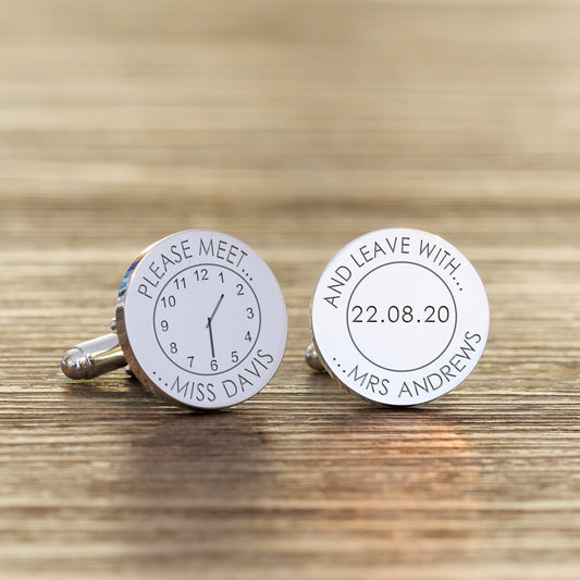 Fun cufflinks for the groom. Circular silver finish cufflinks which carry the date  of your wedding and the time on a clock face. The message on the first cufflink reads "please meet Ms ..." and the second cufflink reads "and leave with Mrs..."