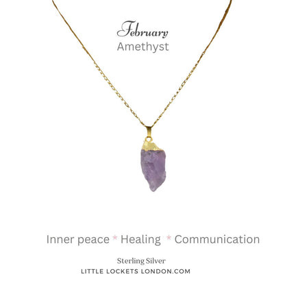 Amethyst raw crystal gold tipped on sterling silver shown on gold chain. Mounted on card with the birthstone month of February and stating three properties of the amethyst - inner peace, healing, communication