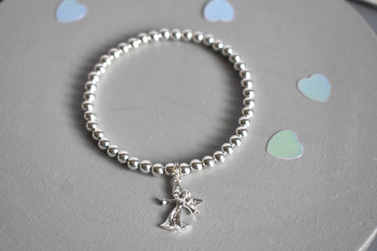 Sterling silver beaded bracelet with 4mm beads and a 16mm sterling silver angel charm
