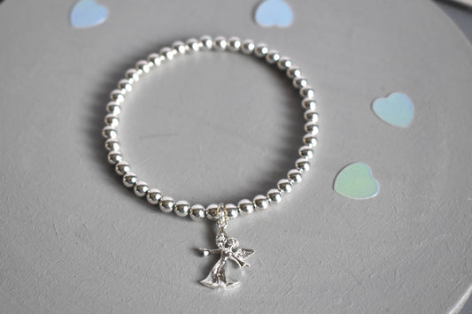 Sterling silver beaded bracelet with 4mm beads and a 16mm sterling silver angel charm