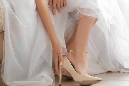 Our sterling silver anklet shown worn on the bride