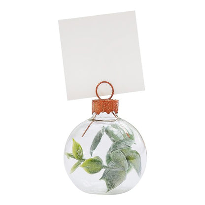 Glass bauble containing faux leaves and topped with rose gold place card holder. Sold in packs of 6, card included