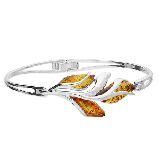 Sterling silver amber leaf bangle with cognac amber