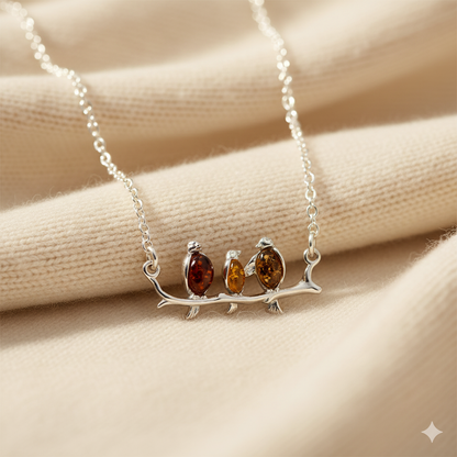 Sterling silver connector necklace showing three birds on a branch. The birds are inlaid with three types of amber - honey, cognac and olive.