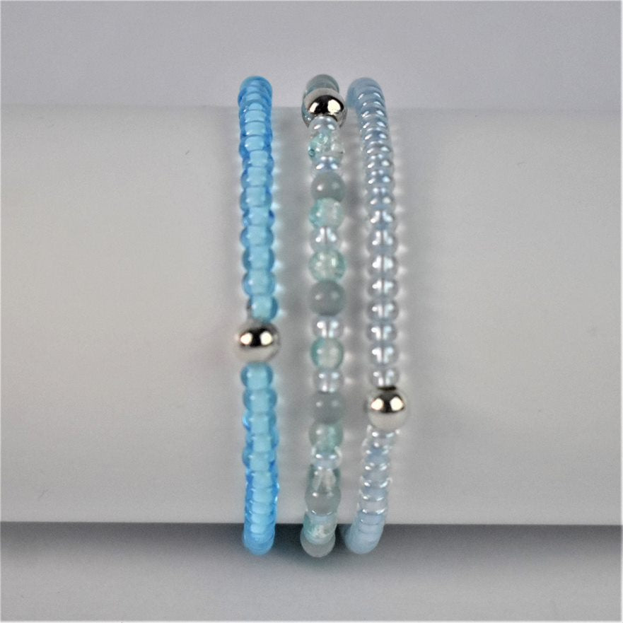 three bracelet stacker option bright blue, sea green and pale blue