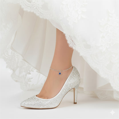 Bride wears Sterling Silver heart link anklet with something blue sapphire crystal charm