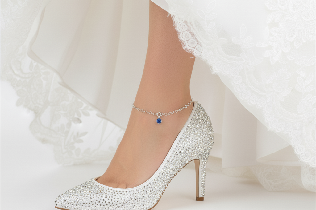 Bride wears the heart anklet with blue crystal drop