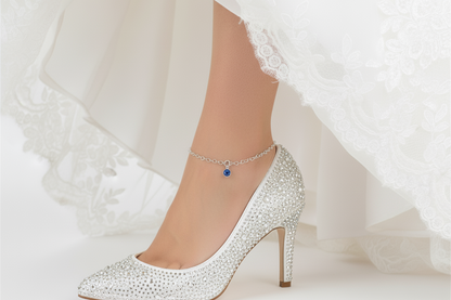 Bride wears the heart anklet with blue crystal drop