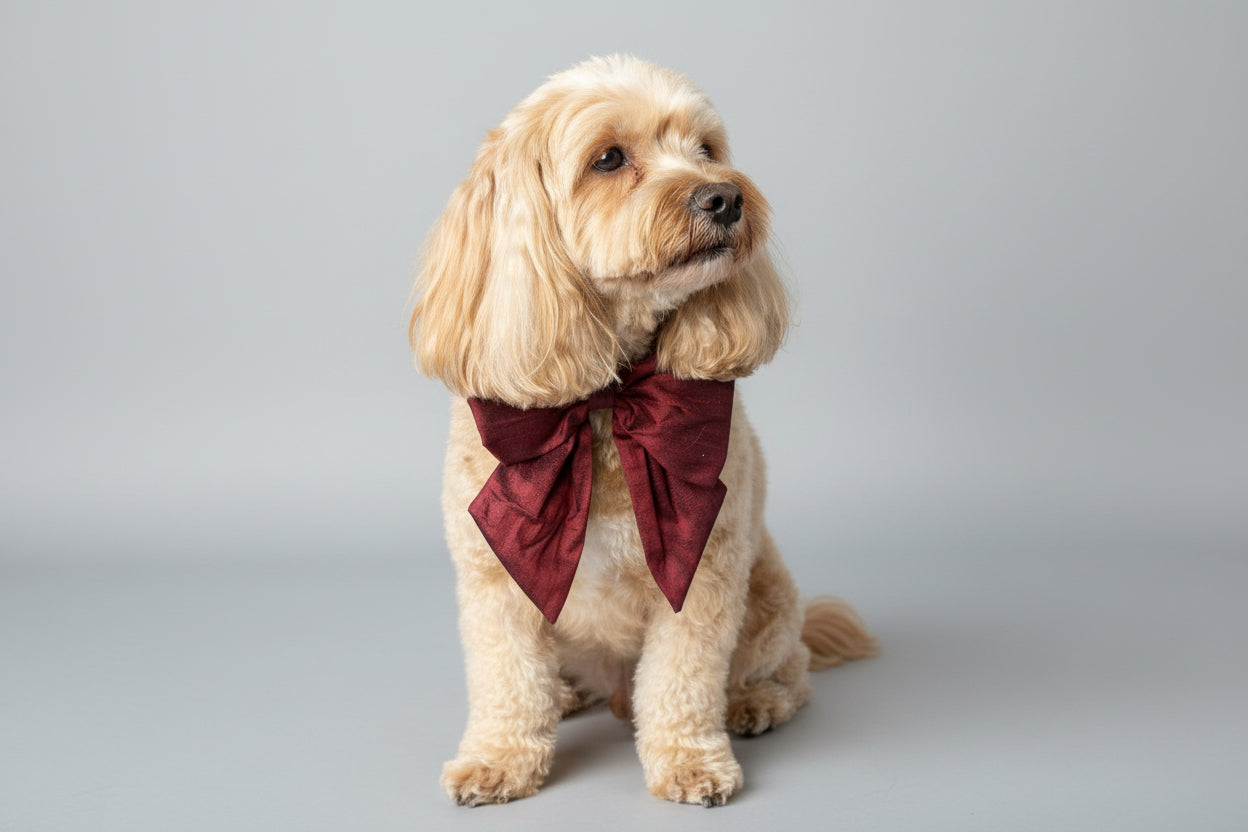 Dog wears 100% silk dupion burgundy red  sailor bow on leather collar with optional ring bearer clasp