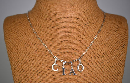 Ciao Sterling Silver Letter Necklace on a 16 inch drawn cable chain. On a bust.