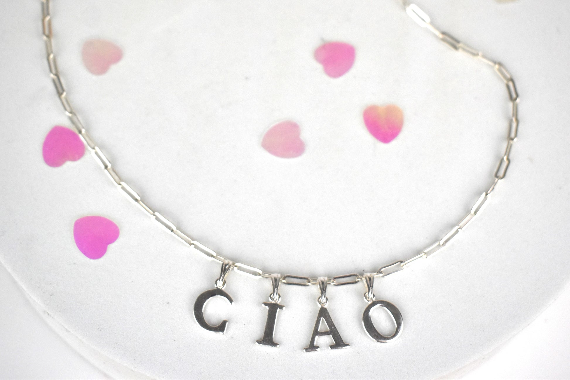 Ciao Sterling Silver Letter Necklace on a 16 inch drawn cable chain. 