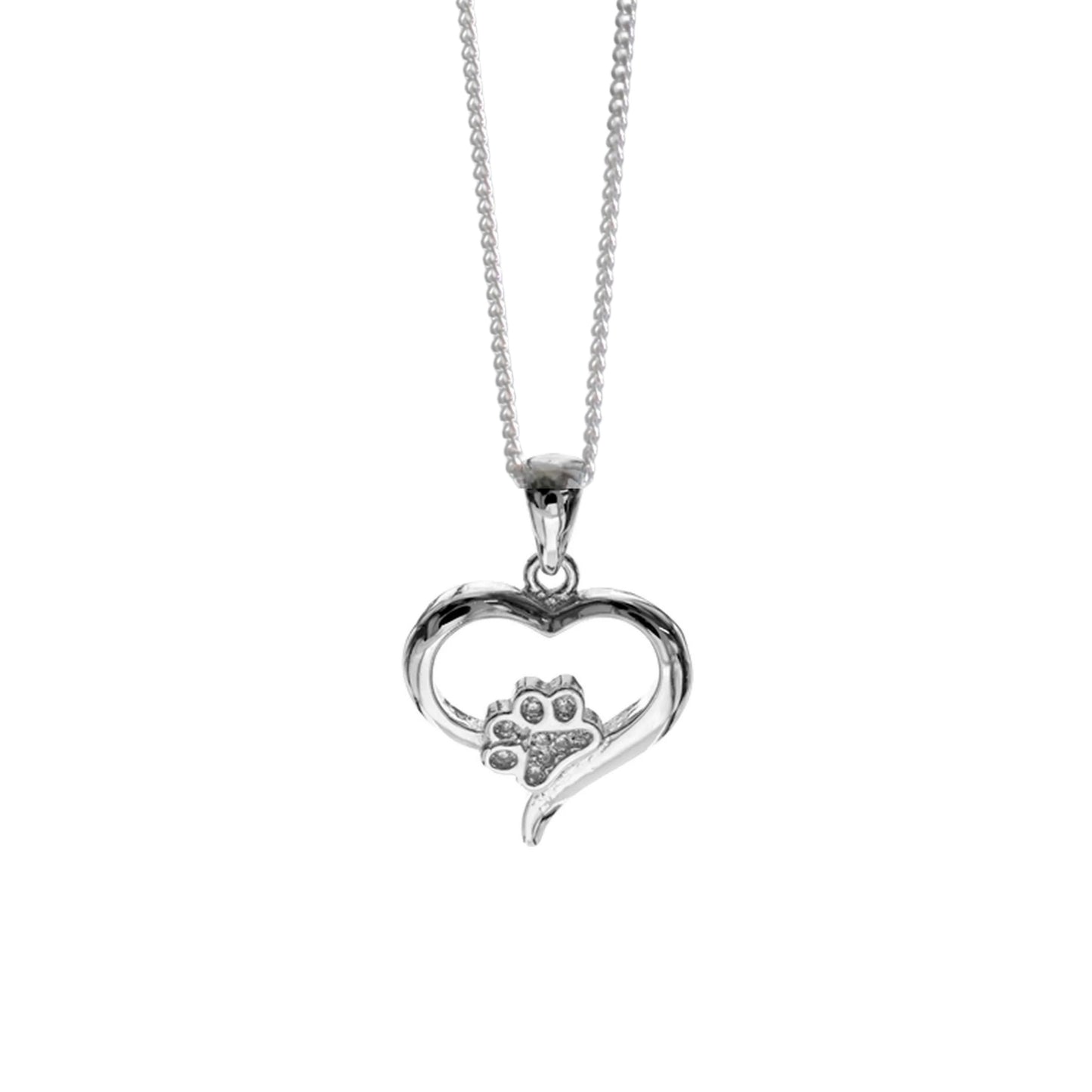 Silver heart shape necklace with crystal cubic zirconia paw print on 18" sterling silver diamond cut chain