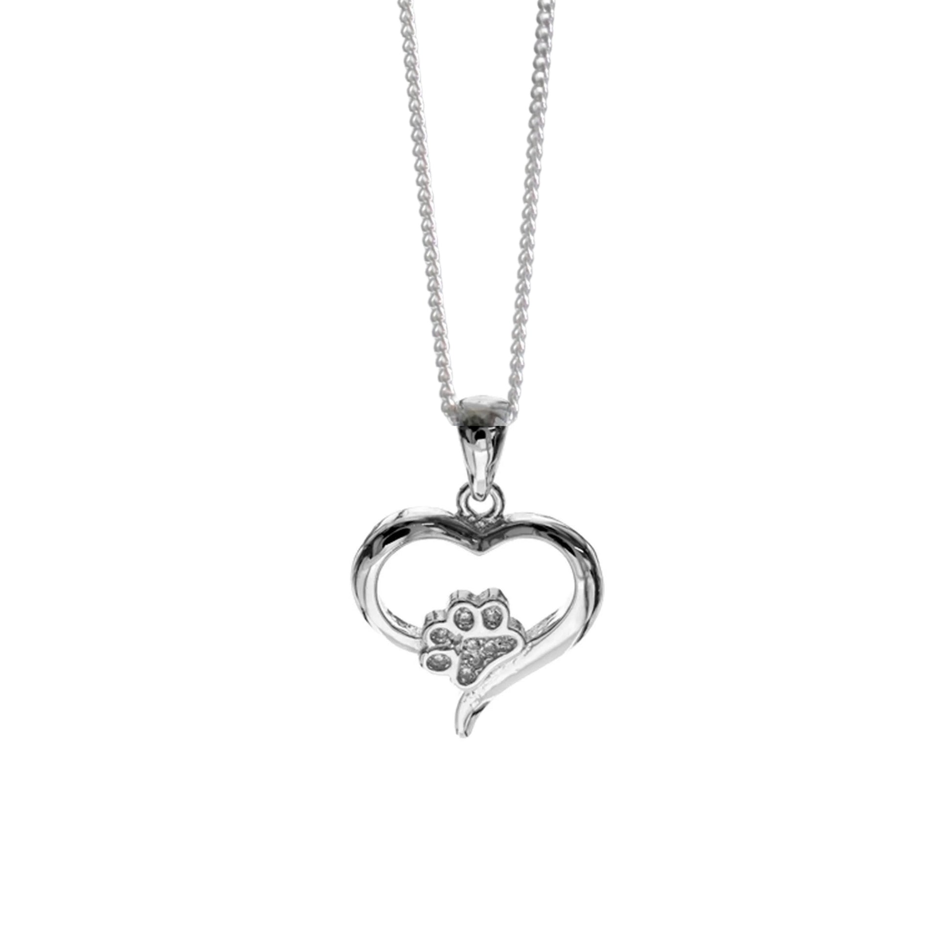 Silver heart shape necklace with crystal cubic zirconia paw print on 18" sterling silver diamond cut chain