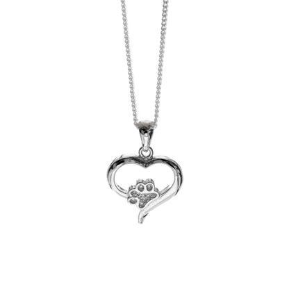 Silver heart shape necklace with crystal cubic zirconia paw print on 18" sterling silver diamond cut chain