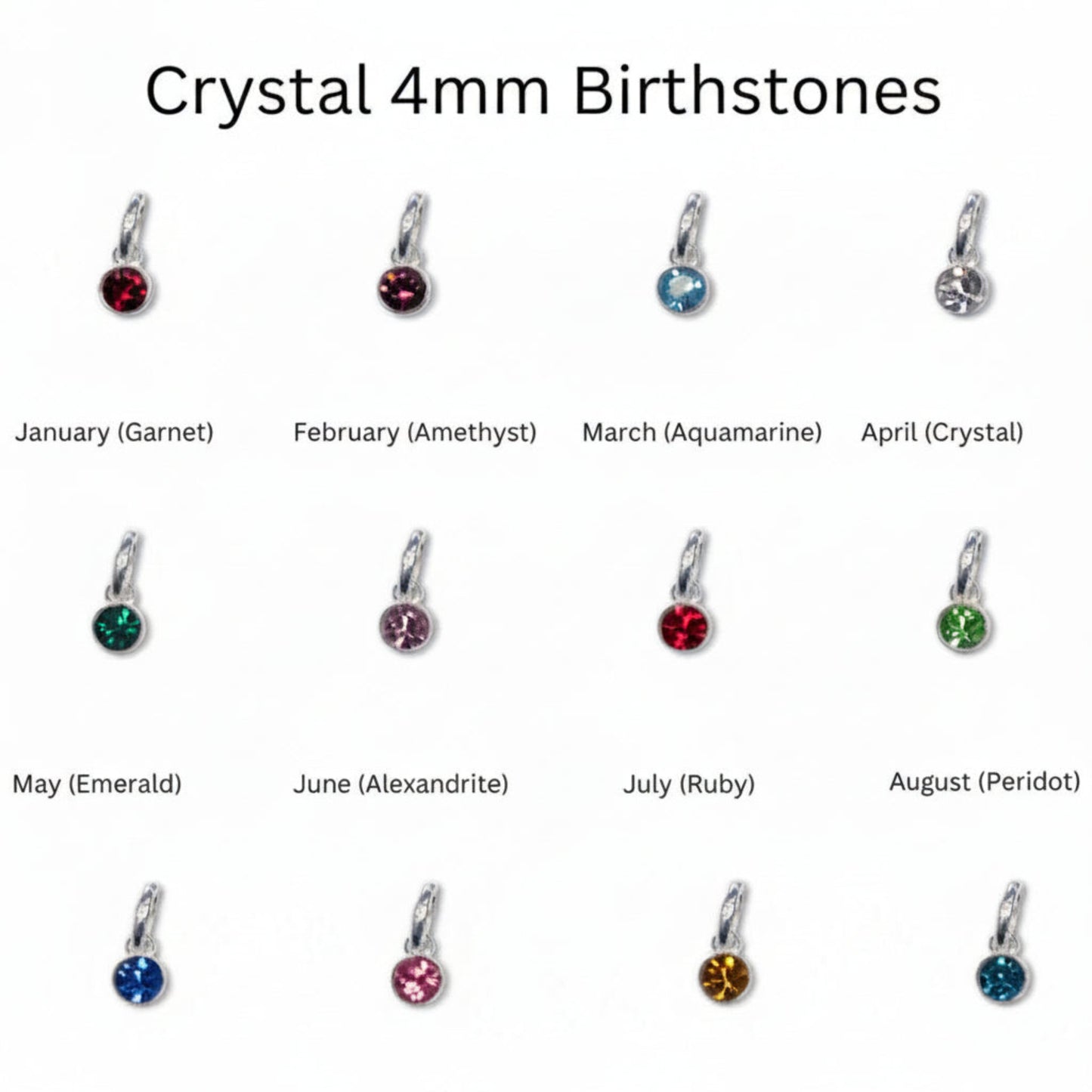 Premium crystal and sterling silver birthstone chart