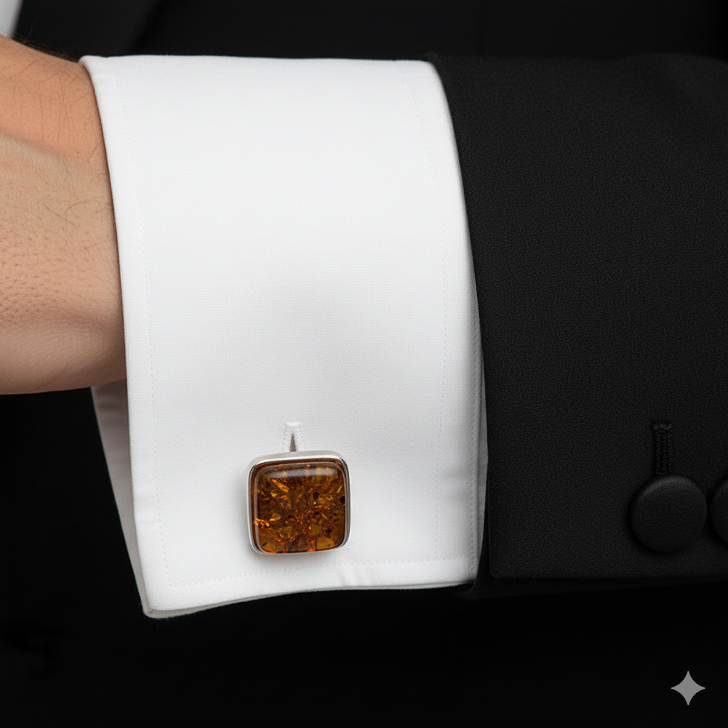 Sterling Silver Cufflinks with Amber Inset