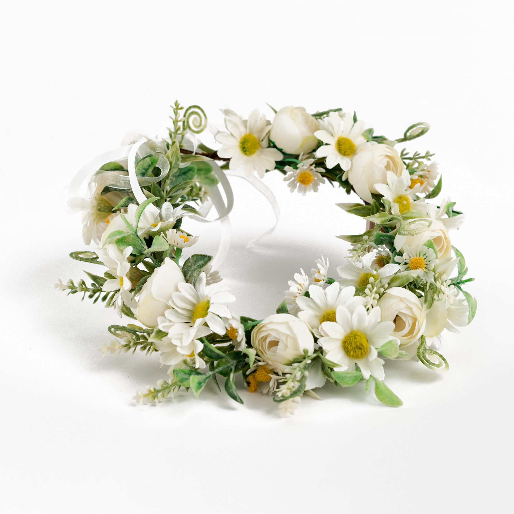 Daisy Flower Garland Collar for Dogs. Crafted with daisies and greenery. Garland sits alone or on top of a collar. Fully adjustable with ribbon ties. One size.